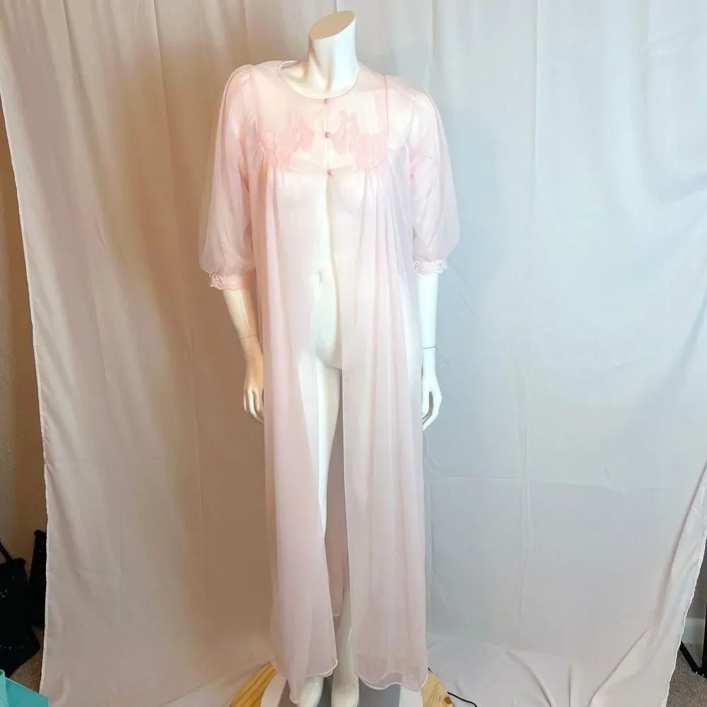 Vintage 1970s Sheer Pink Chiffon Night Gown Lace Details Coquette Size M - Picture 1 of 6